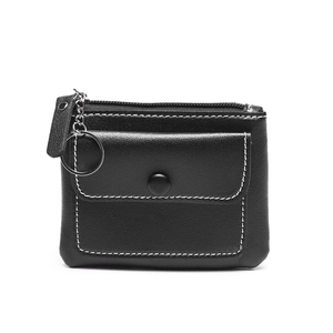 Slim black lychee leather coin purse with white stitching, zipper, and keychain ring