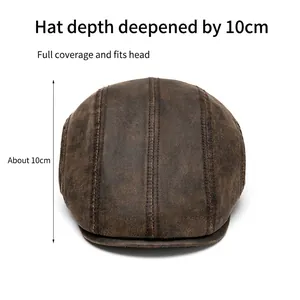 Retro distressed dark brown leather flat cap with 10cm extra depth for full head coverage
