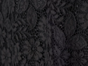 Detailed close-up of intricate black floral lace pattern and heavy craft hollow design