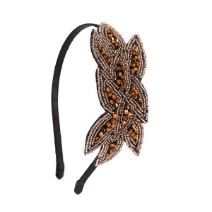 Bohemian crystal beaded headband featuring handmade antique bronze and silver leaf patterns