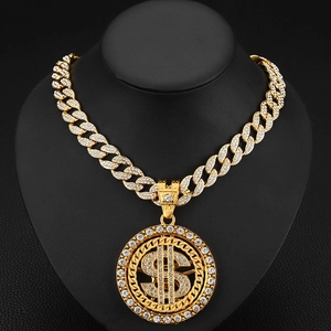 Hip hop gold plated dollar sign pendant necklace with cubic zirconia on cuban chain