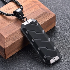 Men's hip hop hexagonal tire pattern pendant on a black chain with vintage stainless steel