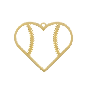Polished gold plated heart pendant with baseball stitch pattern on white background