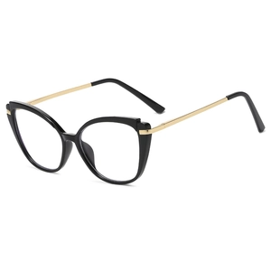 Classic black cat-eye glasses with gold metal temples shown from a side-angle view