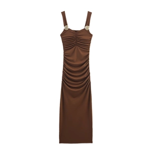 Elegant Ruched Maxi Dress Sleeveless Cami Slim Fit With Metallic Shell Hardware Dark Brown Polyester Plain
