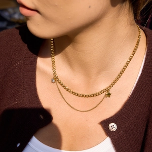 Gold double-layered stainless steel necklace with star charms and clear zircon pendant