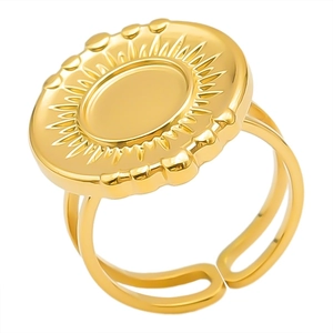 Macro detail of gold 304 stainless steel ring with sunburst pattern and open band