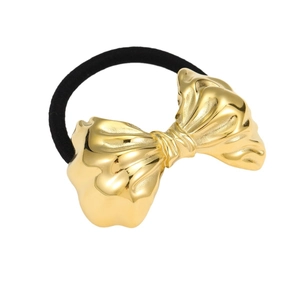 Golden bow-knot metal hair tie with black elastic band for minimalist shell star styling