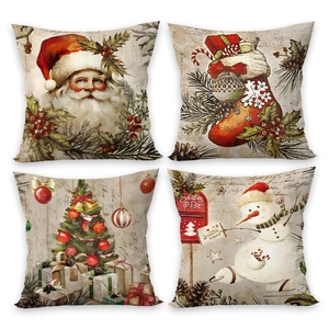 Vintage Christmas throw pillow covers set of 4 featuring Santa Claus and reindeer patterns