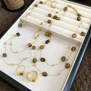 Vintage Layered Necklace And Sun Ring Copper Gold Plated With Brown Tiger Eye Retro Aesthetic For Women