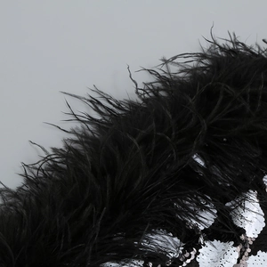 Detail of contrast polka dot sequins and black ostrich feathers on backless tube top