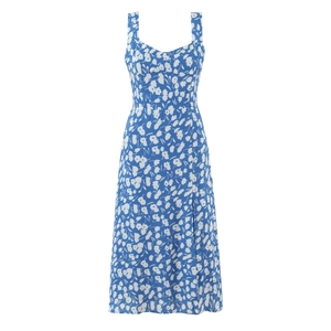 Robe Midi Fleurie Bleue À Bretelles Spaghetti Polyester Fente Haute Col Coeur Dos Smoké Sexy Été Pour Femmes