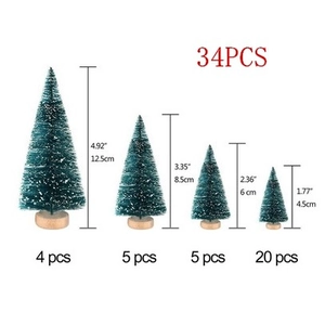 Detailed size guide for 34pcs mini frosted Christmas trees with wood bases in 4 sizes