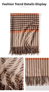 Detail shot of plaid scarf with houndstooth pattern and delicate tassel finish