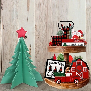 Rustic tiered tray Christmas decor set with wooden farm truck and green paper tree
