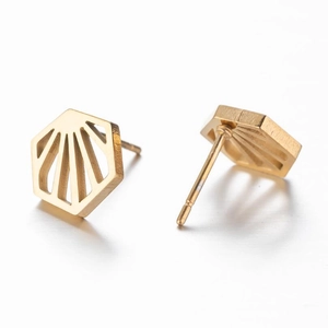 Macro detail of hexagonal hollow earrings with golden finish and radial stripe pattern