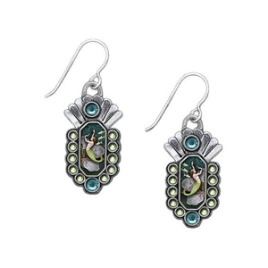 Vintage geometric mermaid enamel drop earrings with rhinestones and turquoise beads