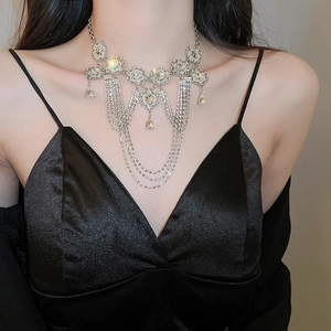 Detail of silver layered tassel necklace with sparkling rhinestones on female model