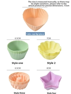 Detailed view of colorful food-grade silicone muffin cups in five various geometric shapes