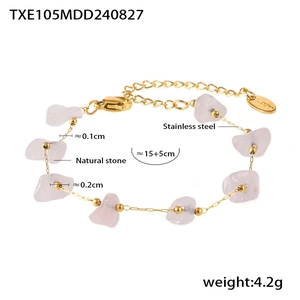 Detail of lavender natural stone bracelet with gold stainless steel chain and lobster clasp