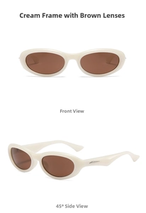 Detailed front and side views of retro creamy white cat-eye sunglasses with tea lenses