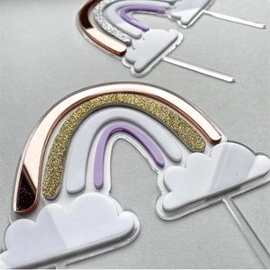 Acryl Regenbogen Wolke Kuchendeko Set mit Goldglitzer und Roségold Spiegeleffekt