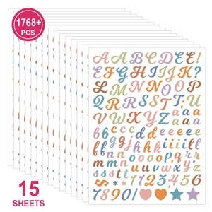 Detailed set of 15 colorful waterproof alphabet stickers with 1768 plus small characters