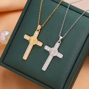 Cross pendant necklaces in gold and silver finish with Virgin Mary relief and zircons