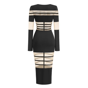 Detailed back view of mesh patchwork dress with sheer panels and slim fit design