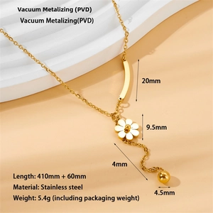 Détail du pendentif marguerite dorée en acier inoxydable avec spécifications de taille