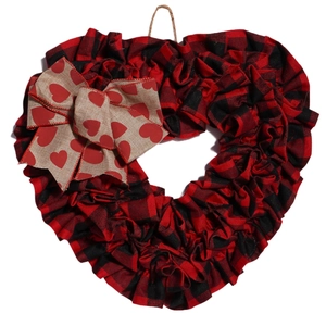 Red and black plaid heart-shaped fabric wreath with bow for Valentine home door decoration