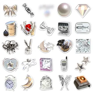 50pcs premium Y2K metallic silver aesthetic waterproof stickers for DIY journals