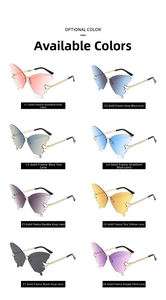 Detailed grid of frameless butterfly sunglasses available in eight gradient color options