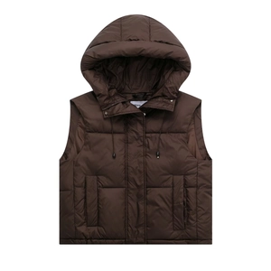 Brown hooded puffer vest for women with a glossy finish and warm padded material