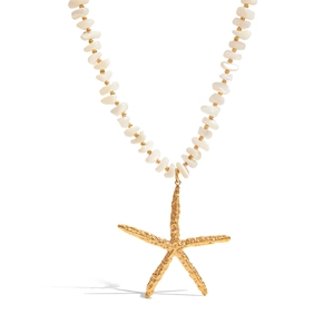 Minimalist beach style starfish pendant necklace with white beads and gold accents
