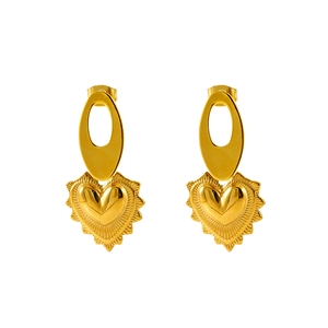 Vintage golden stainless steel hoop earrings with radiant sacred heart charms for women
