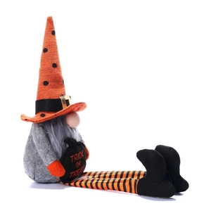 Halloween gnome plush with orange wizard hat, long striped legs and Trick or Treat heart
