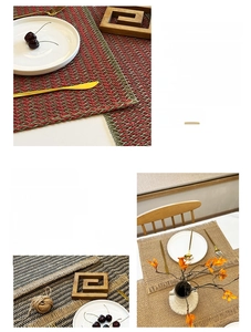 Detailed texture of braided jute placemats with fringe and festive color patterns