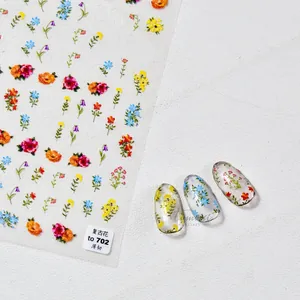 Macro detail of retro floral nail stickers to 702 with thin flexible adhesive texture