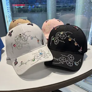 Baseball cap with colorful rhinestones and 3D butterfly details in four colors