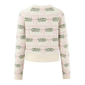 Back view of slim fit cream knit sweater featuring pink bow and green leaf jacquard patterns
