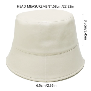 Detailed size chart for off-white PU leather bucket hat showing height and brim dimensions