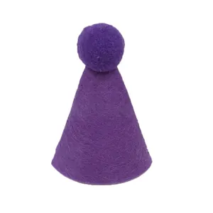 Detail of a purple felt cone hat with a top pompom for pet birthday party costume