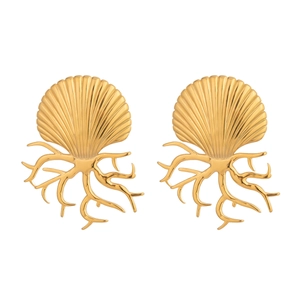 Golden titanium steel earrings featuring sea shell and coral branch design on white background