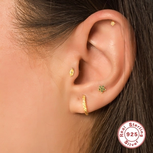 S925 sterling silver ear cuff set with colorful zircon petals and green flower studs