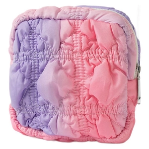 Sweet purple and pink quilted puffy cosmetic bag with metal zipper for travel organization