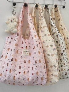 Cute cartoon embossed canvas tote bag with seersucker texture and plush alpaca charm
