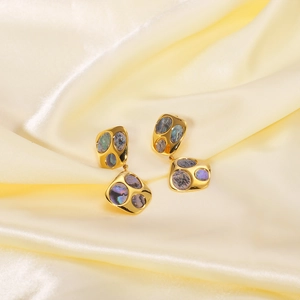 Irregular 18K gold stainless steel earrings with natural black shell on silk background