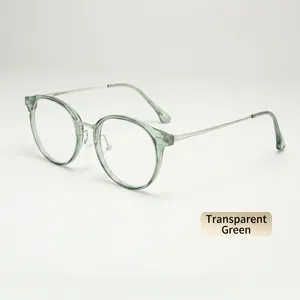 Detailed close-up of transparent green round TR frames with slim silver metal temples