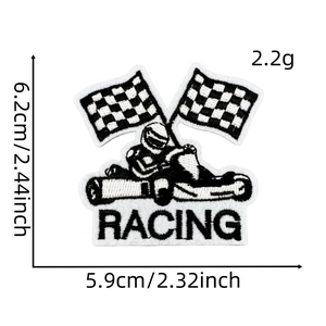 Detailed view of checkered racing flag embroidery patch with dimensions and weight info
